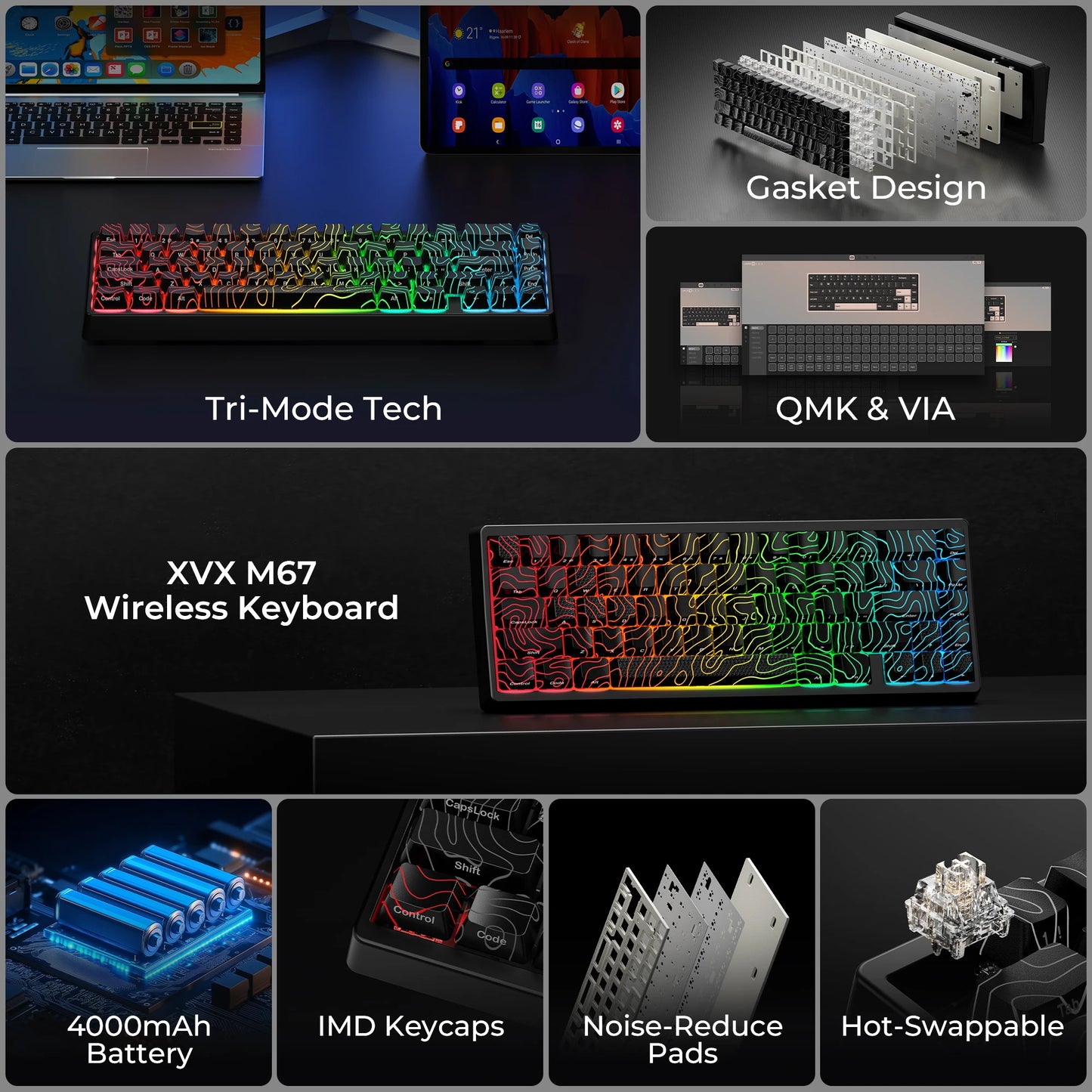 Teclado Mecânico Sem Fios XVX M67 JadeStone com Teclas IMD-Tech Tri-Mode, Teclado Gamer Branco Topographic com Design Gasket