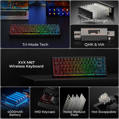 Teclado Mecânico Sem Fios XVX M67 JadeStone com Teclas IMD-Tech Tri-Mode, Teclado Gamer Branco Topographic com Design Gasket