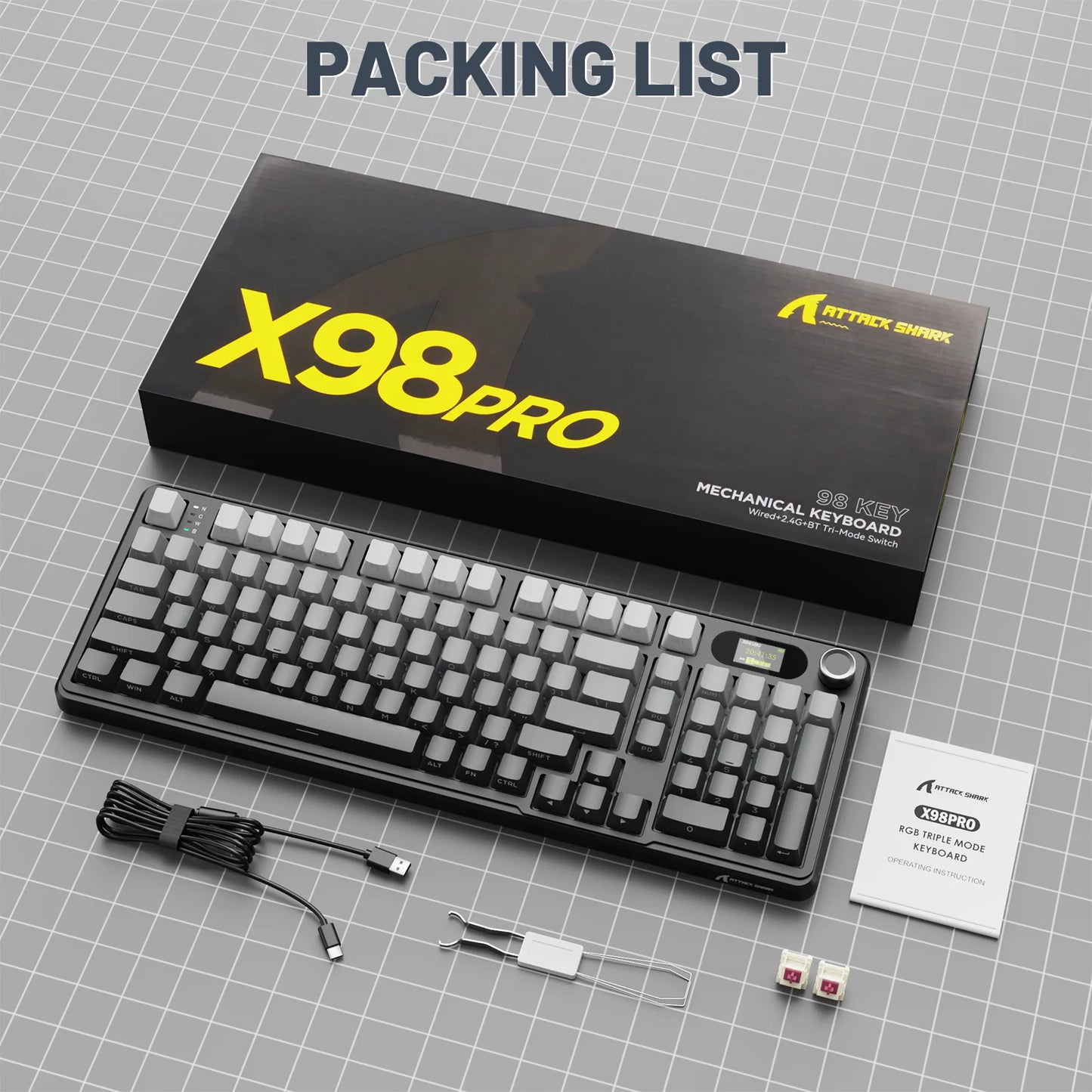 ATTACK SHARK X98PRO Tri-mode Gasket Mechanical Keyboard with TFT Screen & Knob, 99 Keys Layout, 5-Layer Foams, Hot-Swap, RGB