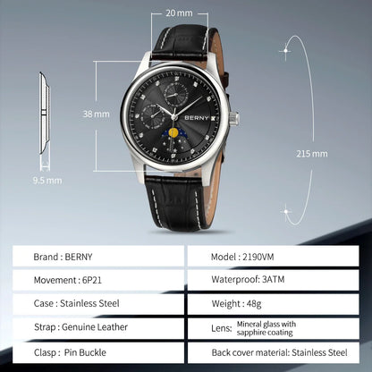 BERNY Men's Watch Date Weeks Moon Phase Quartz Watches for Men Stainless Steel Leather Strap Business Wristwatch Male Clock