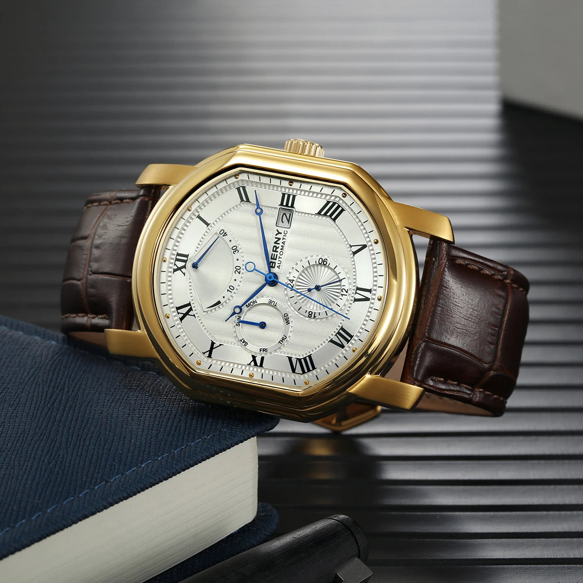 BERNY Men's Mechanical Watch, Top Accuracy, Automatic Wristwatch, Luxury Male Clock, Sapphire, Self-Winding, Waterproof