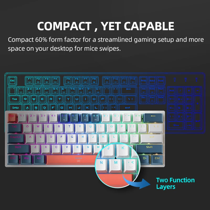 K500-B61 Machenike Mini Teclado Mecânico 60% 61 Teclas Gaming com Fio, Totalmente Hot-Swappable, Retroiluminação RGB