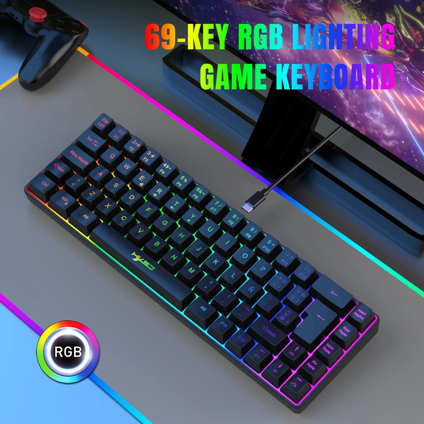 Hot Sale! Spanische kabelgebundene Gaming-Tastatur mit 69 Tasten und RGB-Hintergrundbeleuchtung, kompaktes 68%-Design, ein unverzichtbares Gadget für Büroangestellte und Gamer