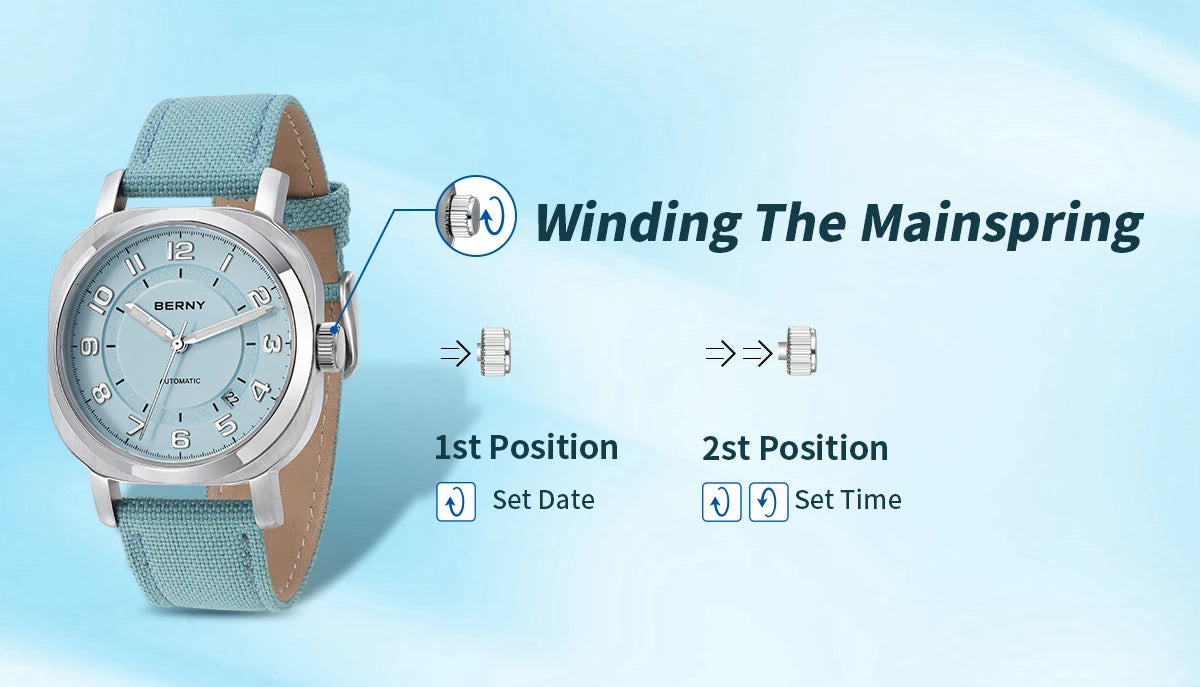 BERNY Mechanical Watch For Women Self-wind Pillow Cushion Sapphire Super Luminous Wristwatch Canvas Calendar Watch For Ladies