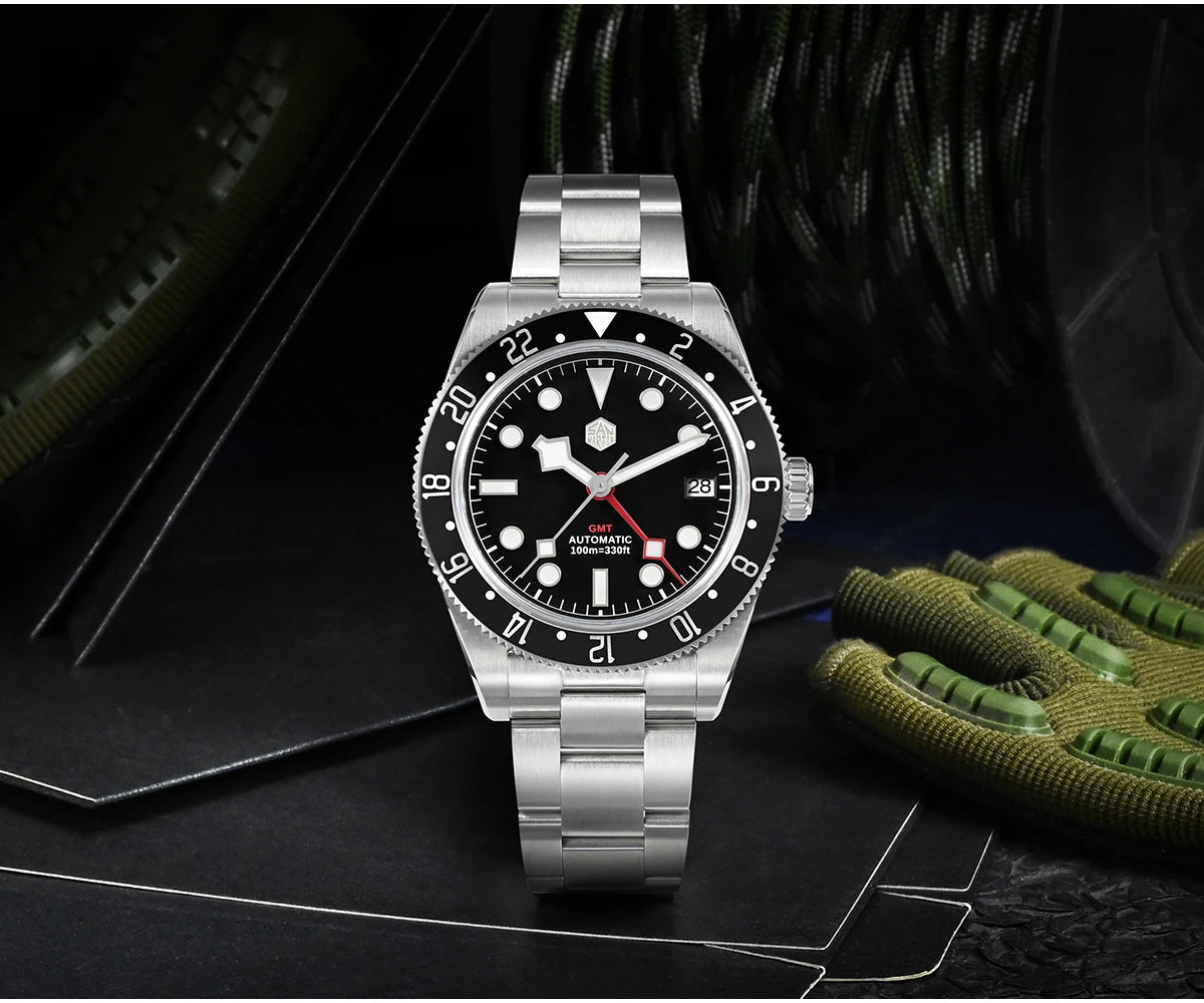 San Martin 39mm NH34 GMT Men Luxury Watch Bidirectional Aluminum Bezel Automatic Mechanical Sapphire 100M Waterproof  SN0109