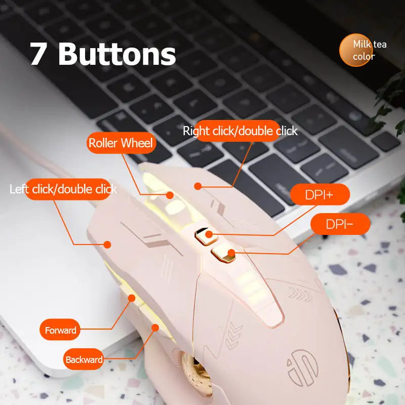 Factory Sales Inphic W8 Wired Gaming Mouse 4000DPI 7 Buttons Macro Definition RGB Breathable Lamp Silent Computer Pink Mouse