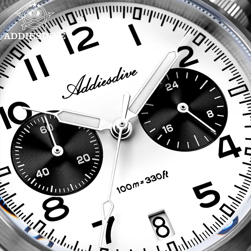 ADDIESDIVE 2025 Neue Panda Eye Herrenuhr, luxuriöse Retro-VK64-Quarzuhr für Herren, Sport-Chronograph, 100M wasserdicht, leuchtend