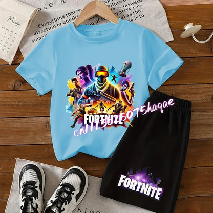 Angesagtes Fortnite-Kinder-Set mit T-Shirt und Shorts, Cartoon-Figur-Print, Sommer-Freizeit-Sportbekleidung für Jungen