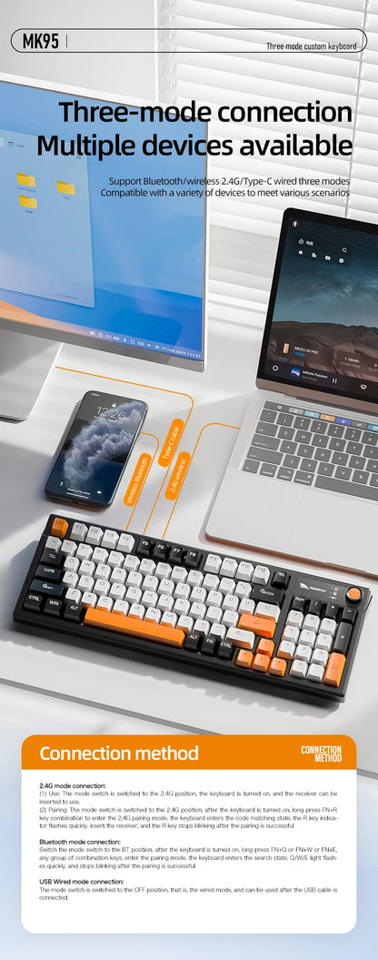 SMAILWOLF MK95 Bluetooth Wireless Korean Mechanical Keyboard Customized Gaming Laptop for Office Use with RGB Light Effect