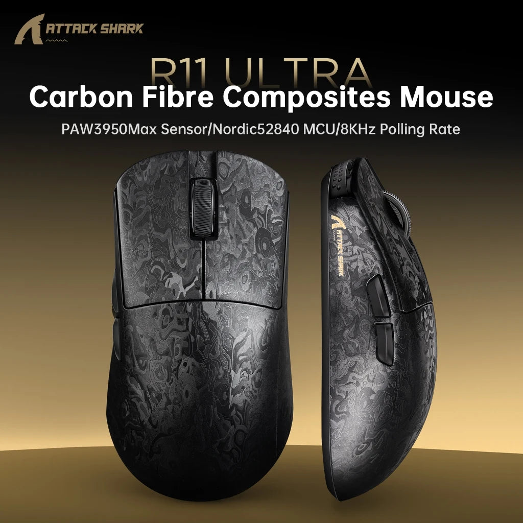 Attack Shark R11 Ultra 8K Carbon Fiber Gaming Mouse, PAW3950MAX, 49g Ultra-Lightweight, Wireless 8000Hz Polling, Tri-Mode