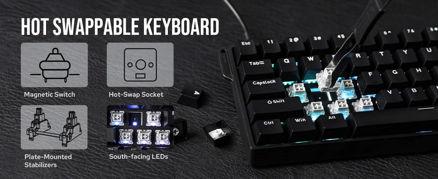 Teclado mecânico com fios AULA WIN60 HE/WIN60 HE MAX 60%, estrutura Tray-Mount, Hot-Swap e interruptores magnéticos de efeito Hall