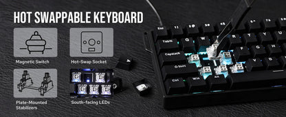 Teclado mecânico com fios AULA WIN60 HE/WIN60 HE MAX 60%, estrutura Tray-Mount, Hot-Swap e interruptores magnéticos de efeito Hall
