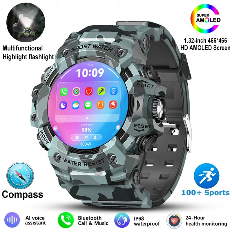 New Military Sports Smart Watch Men 100+ Sports Outdoor Fitness Compass Heart rate BT Call Waterproof Smartwatch For iOS Android