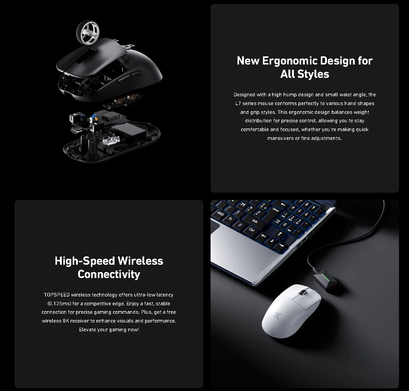 Official MCHOSE L7 Pro Wireless Gaming Mouse PAW3395 E-Sport Sensor Optical Switch TOPSPEED 8K Polling Rate 39g 250mAh Mouse