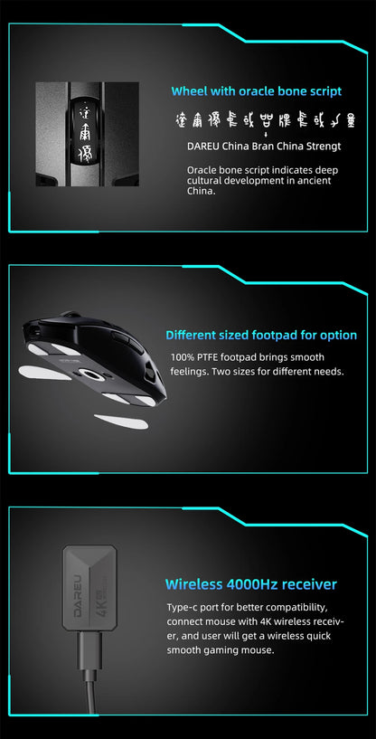 Rato Gaming Sem Fios DAREU Al-mg Tri-mode 8Khz PBT Quick Charge PAW3950 30000 DPI Leve para PC Gamer