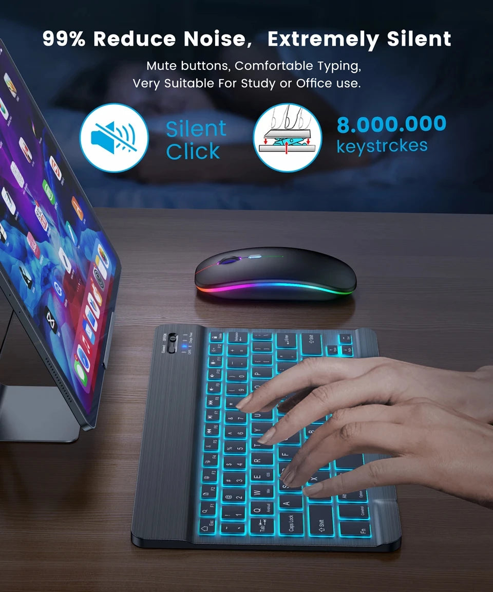 Mini teclado Bluetooth RGB retroiluminado de 10 polegadas com rato sem fios recarregável para espanhol, russo, hebraico, coreano, francês, árabe e português de Portugal
