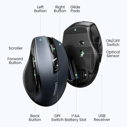 UGREEN Wireless Mouse Bluetooth 5.0 Mouse Ergonomic 4000DPI 6 Mute Buttons Mouse For MacBook Tablet Laptops Computer PC 2.4G Mice