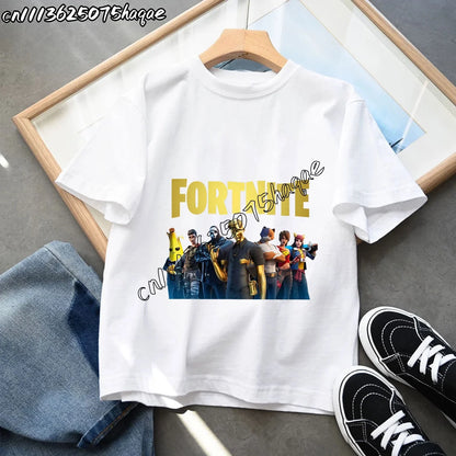 T-shirts Infantis Fortnite Novidade de Verão, T-shirt com Figura de Desenho Animado, Estampado Gráfico, Casual e Desportivo, Manga Curta, Tops Desportivos para Criança, Roupa para Rapazes