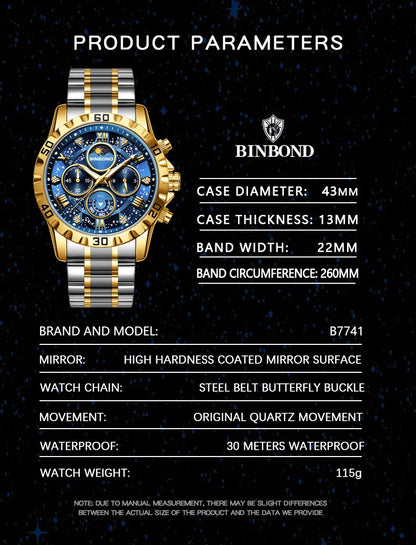 2026 Herrenuhr – leichter Luxus, Business-Stahlarmband, Mondphase, Sternennacht-Design, wasserdicht, modische Quarzuhr für Herren, Geschenk