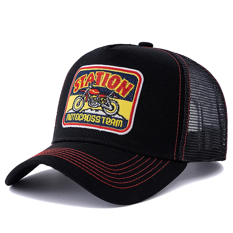 Unisex καπέλο Trucker με πλέγμα, κλασικό μοτίβο μοτοσικλέτας, αναπνεύσιμο καλοκαιρινό καπέλο μπέιζμπολ, καπέλο streetwear για άνδρες και γυναίκες