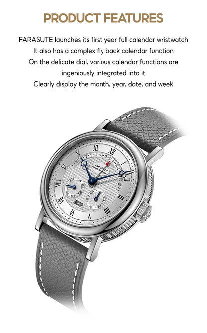 FARASUTE Men's Mechanical Watch Flyback Function Seagull Movement Month Display Week Display Calendar YearDisplay Sapphire Watch