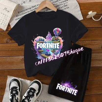 Angesagtes Fortnite-Kinder-Set mit T-Shirt und Shorts, Cartoon-Figur-Print, Sommer-Freizeit-Sportbekleidung für Jungen