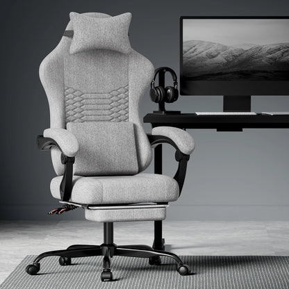Dark Gray Fabric Gaming Chair, Massage Office Chair with Headrest, Ergonomic Racing Design, Adjustable Footrest, for PC Gamers