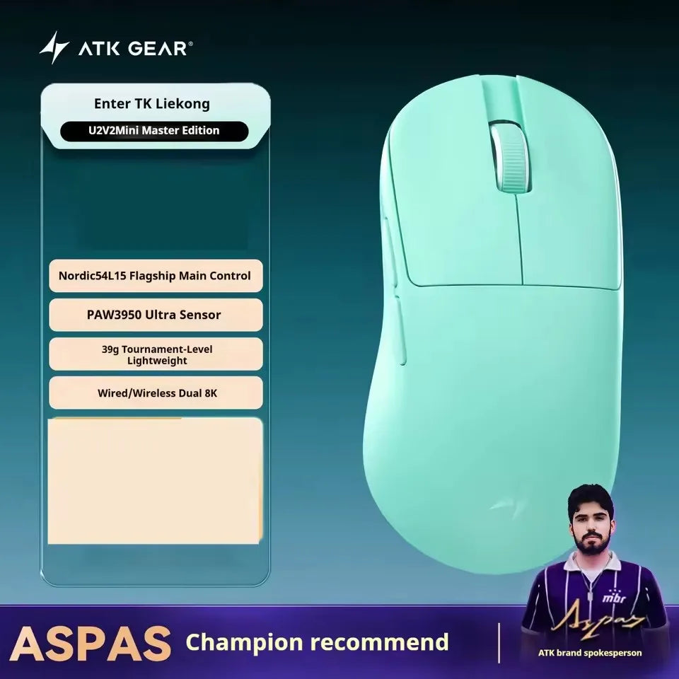 NEW ATK U2 V2 Mini Ultimate Wireless Gaming Mouse Tri-model Lightweight PAW3950 Ultra 8KHz 500mAh Custom Ergonomic E-sports Mouse