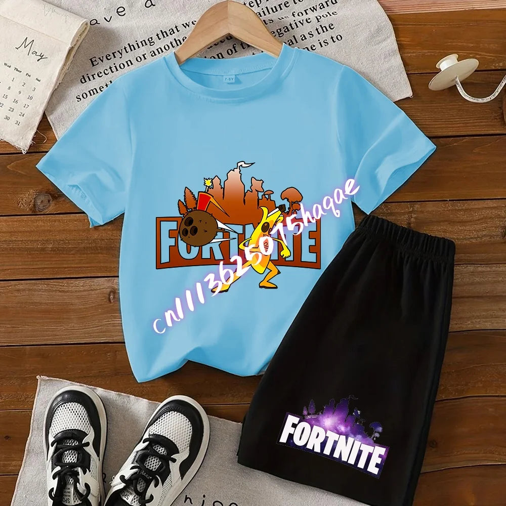 Conjunto de T-shirt e calções Fortnite Series para criança, top e calças inspirados em jogo popular, outfit de verão para casa, confortável e adorável, presente de aniversário