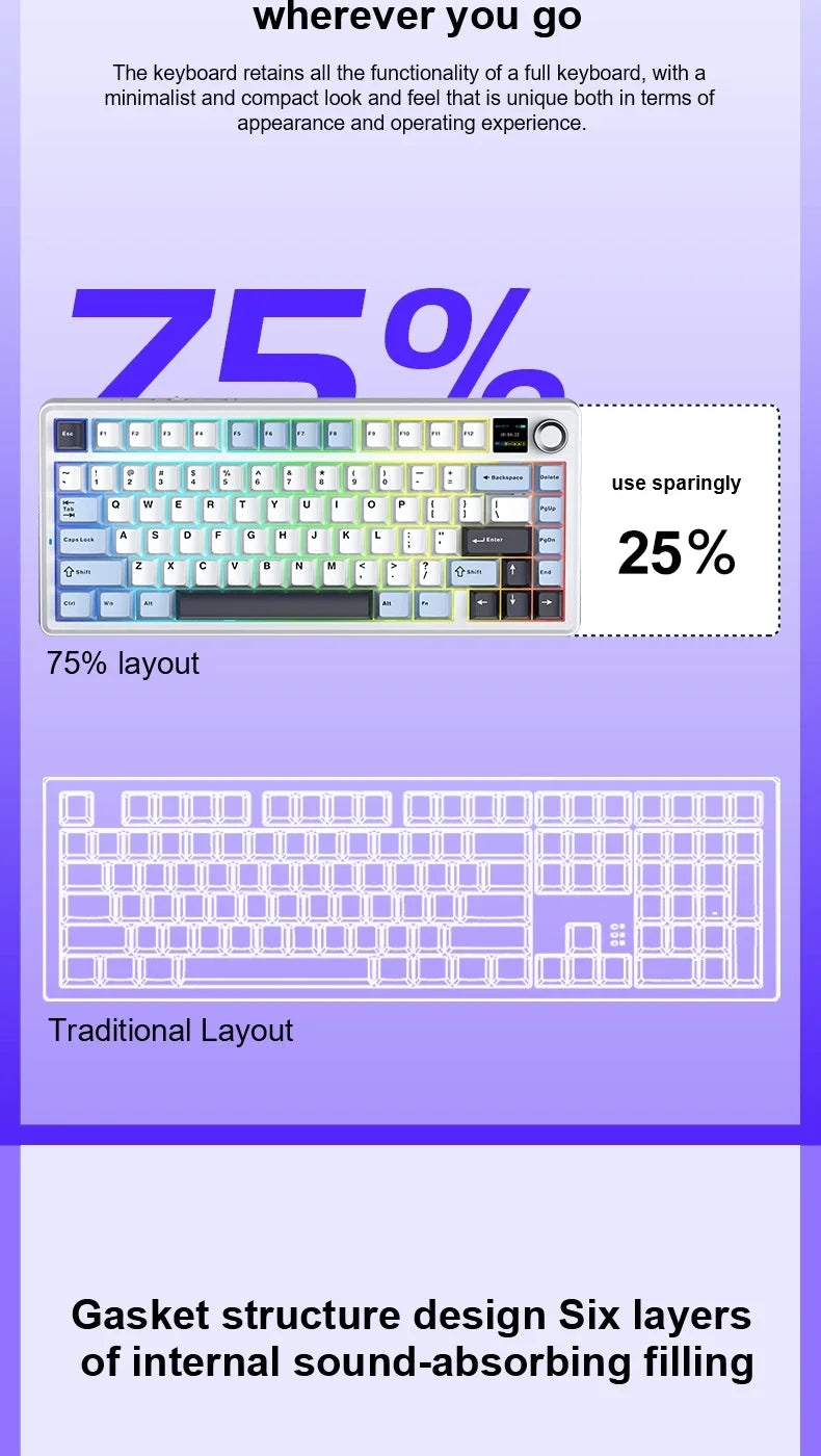 Teclado mecánico gaming AULA F75 MAX 2.4G inalámbrico/BT/con cable, Hot-Swap RGB, 75%, 81 teclas, teclado de oficina con pantalla TFT