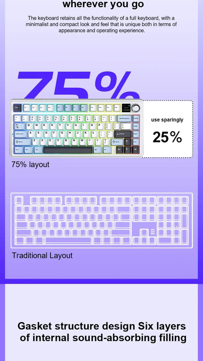 Teclado mecánico gaming AULA F75 MAX 2.4G inalámbrico/BT/con cable, Hot-Swap RGB, 75%, 81 teclas, teclado de oficina con pantalla TFT