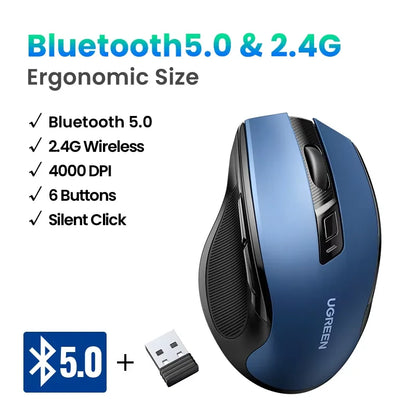Mouse wireless UGREEN Bluetooth 5.0 ergonomico 4000DPI con 6 pulsanti silenziosi, per MacBook, tablet, laptop, computer e PC, mouse 2.4G
