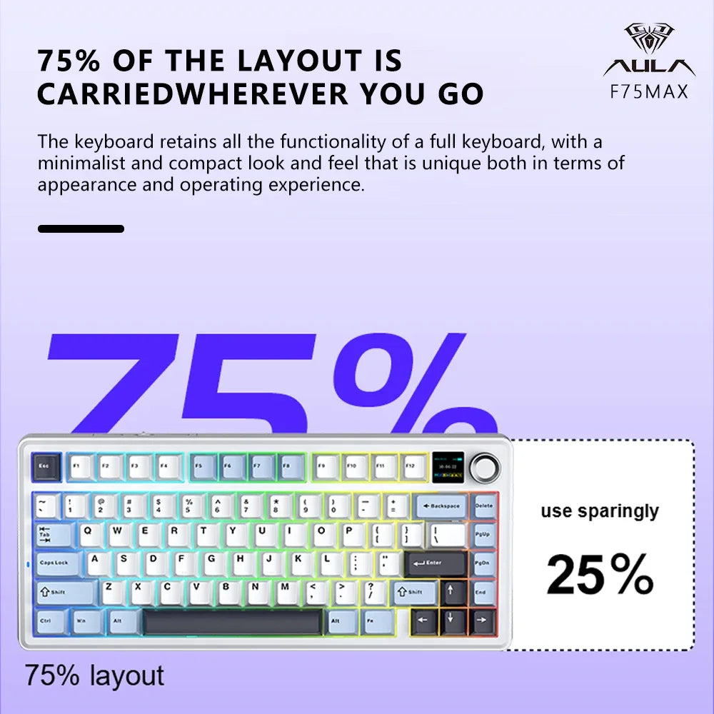 Teclado mecánico gaming AULA F75 MAX 2.4G inalámbrico/BT/con cable, Hot-Swap RGB, 75%, 81 teclas, teclado de oficina con pantalla TFT