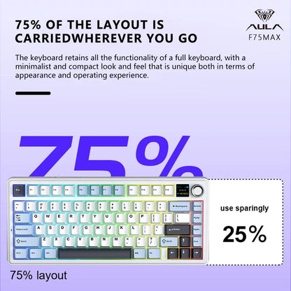 Teclado mecánico gaming AULA F75 MAX 2.4G inalámbrico/BT/con cable, Hot-Swap RGB, 75%, 81 teclas, teclado de oficina con pantalla TFT