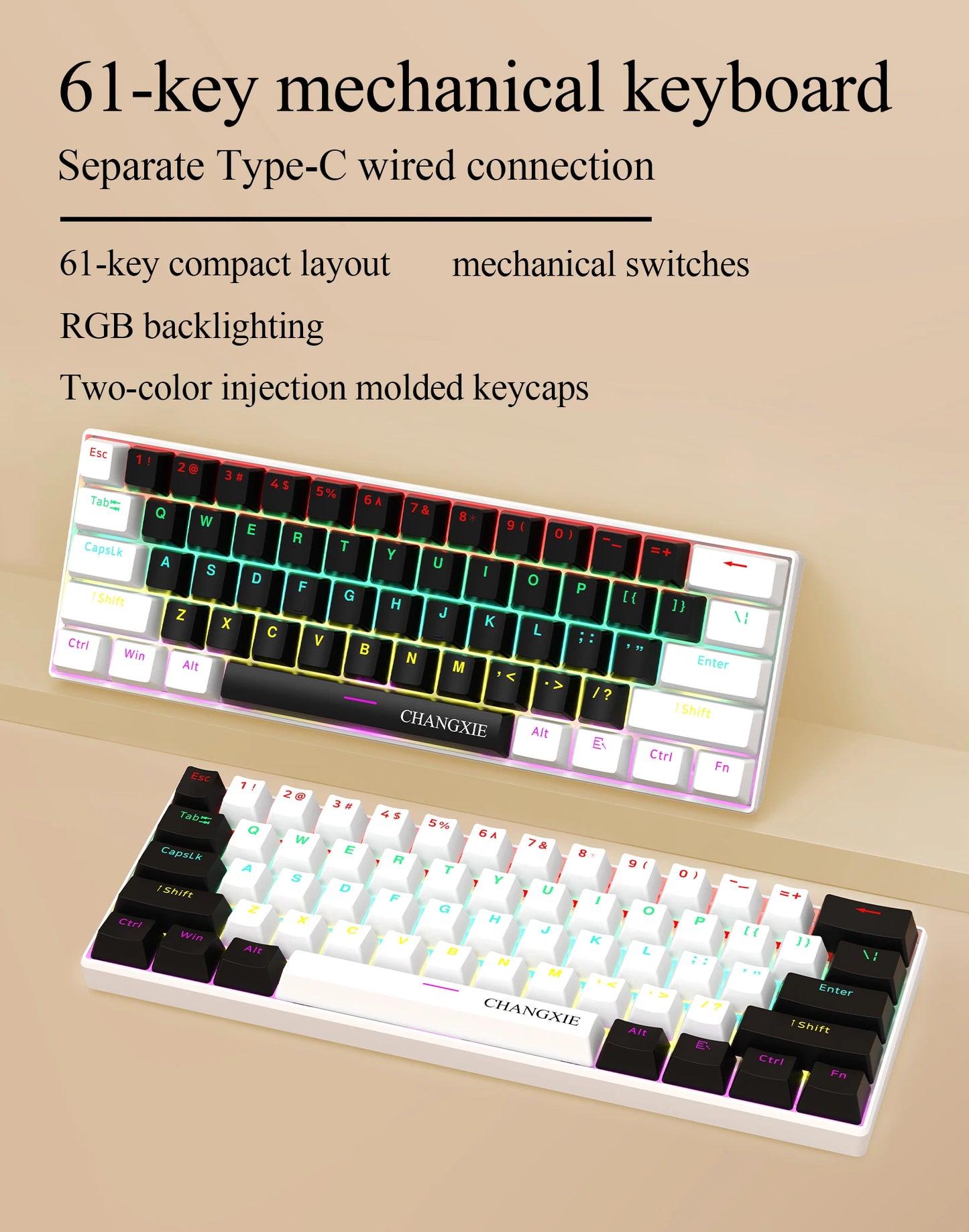 60% Compact Wired Mechanical Keyboard 61 Keys RGB Backlight Red Switch Ergonomic Small Portable for Office Computer Windows Tablet