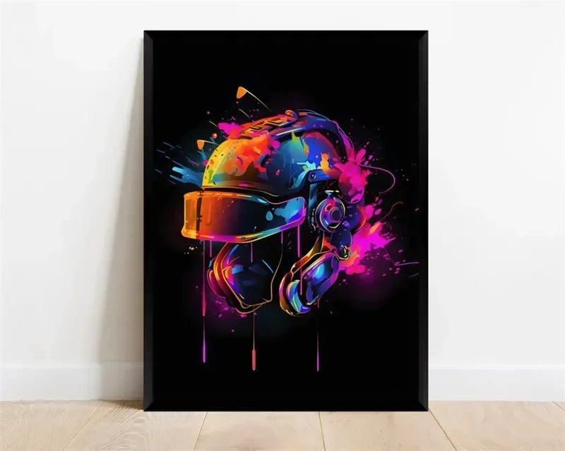 Pop Neon Video Game Character Poster Gamepad Headphones Football Basketball Canvas Print Wall Art Decor Gaming Room Decoration