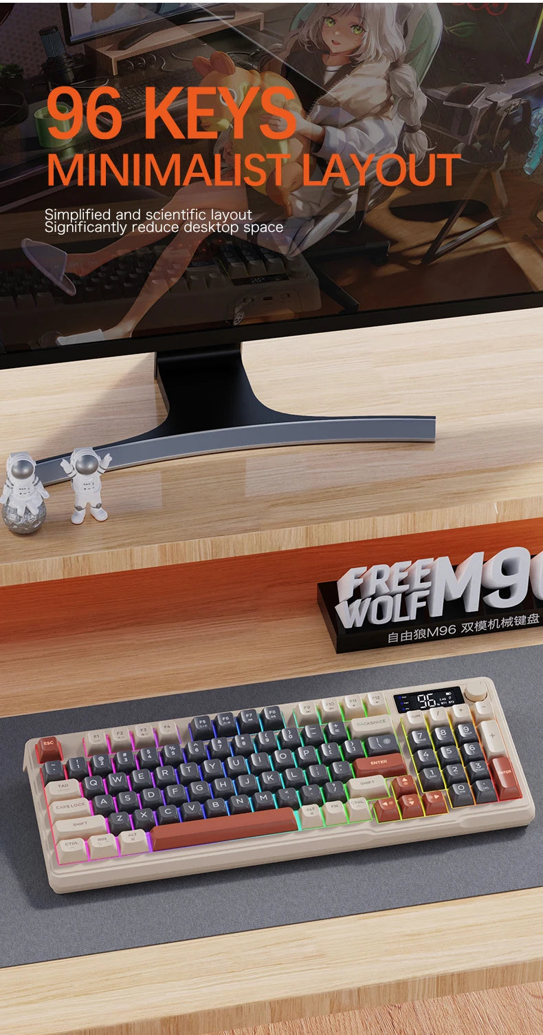 M96 Bluetooth Keyboard Wireless FREEWOLF Screen Gaming Keyboard, Electronic Screen, Multi-Device Connection, Ergonomics Gaming