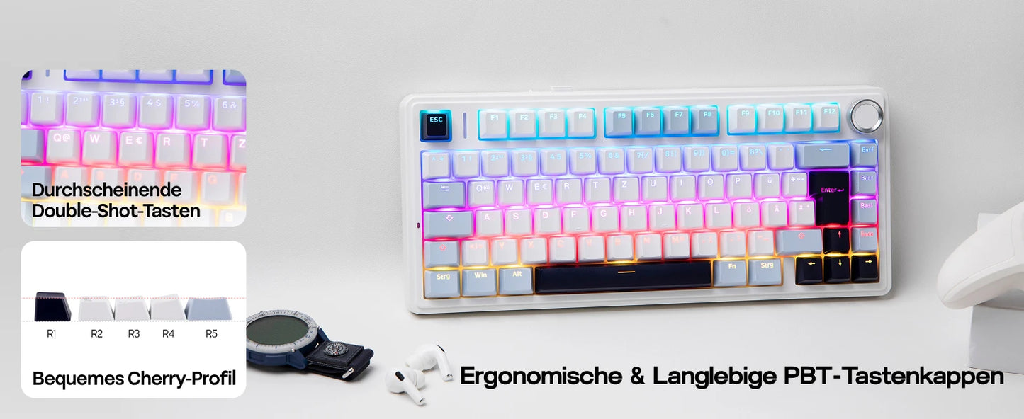 Teclado mecânico sem fios EPOMAKER x AULA F75 ISO-DE com conectividade tri-modo, layout alemão QWERTZ e bateria de 4000 mAh