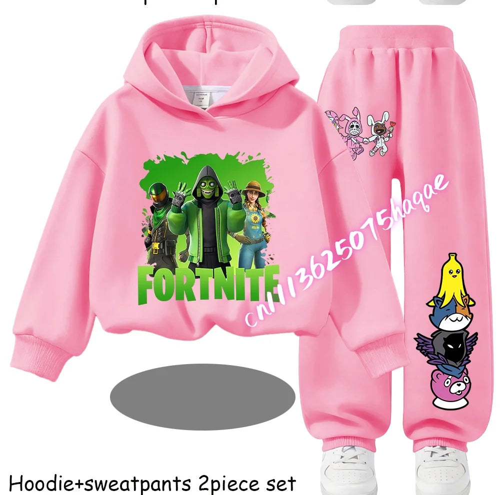 Sweats com Capuz Infantis Estampadas Fortnite, Conjunto Cartoon Confortável de 2 Peças, Tops Largos de Manga Comprida com Calças, Roupa de Outono/Inverno, Presente