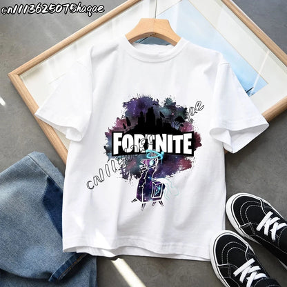 T-shirts Infantis Fortnite Novidade de Verão, T-shirt com Figura de Desenho Animado, Estampado Gráfico, Casual e Desportivo, Manga Curta, Tops Desportivos para Criança, Roupa para Rapazes