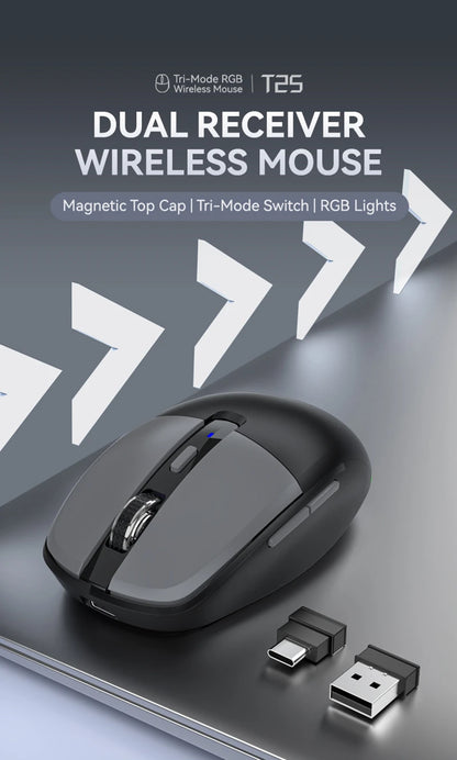 Tri-mode Mouse With Dual Receivers Type-C/USB 2.4G Bluetooth 5.1 Wireless Mouse RGB Charging Silent Mouse For Android IOS