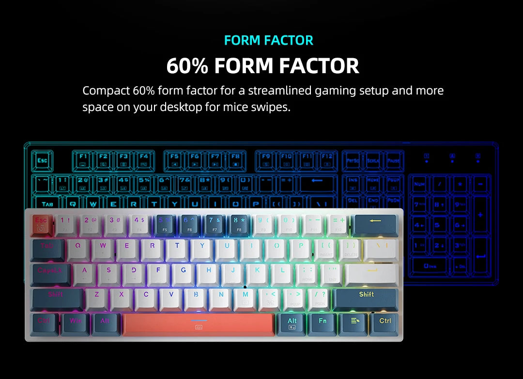 K500-B61 Machenike Mini Teclado Mecânico 60% 61 Teclas Gaming com Fio, Totalmente Hot-Swappable, Retroiluminação RGB