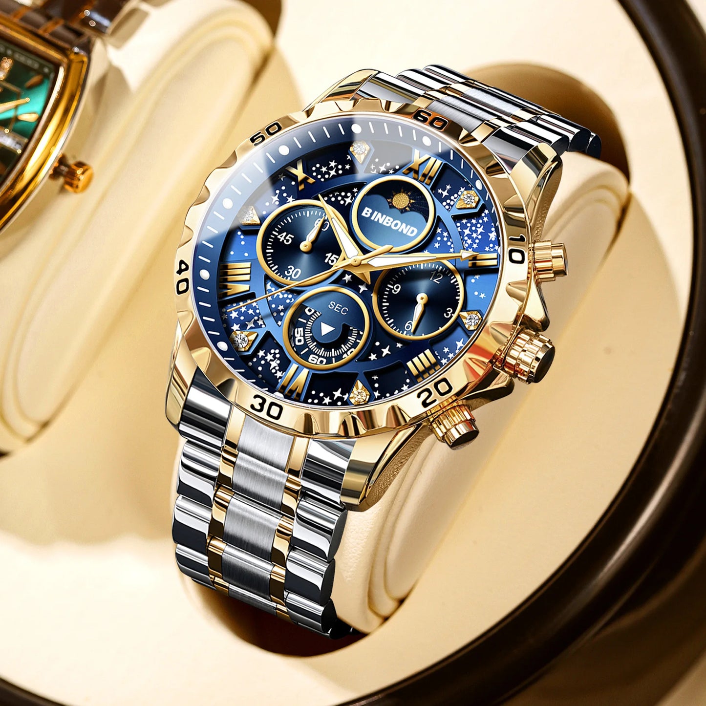 2026 Herrenuhr – leichter Luxus, Business-Stahlarmband, Mondphase, Sternennacht-Design, wasserdicht, modische Quarzuhr für Herren, Geschenk