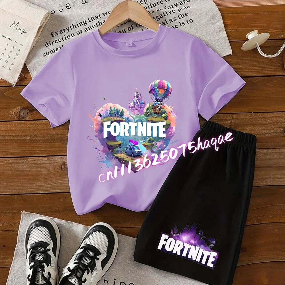 Angesagtes Fortnite-Kinder-Set mit T-Shirt und Shorts, Cartoon-Figur-Print, Sommer-Freizeit-Sportbekleidung für Jungen