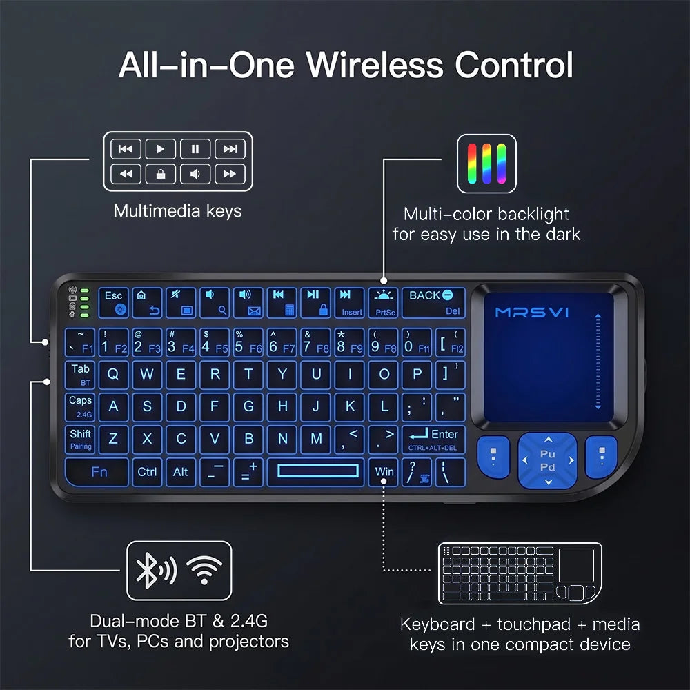 MRSVI Mini Keyboard A8 PLUS, Backlit 2.4GHz & Bluetooth 5.0 Wireless Keyboard with Touchpad for Android TV Box, Mac, Laptop, Windows