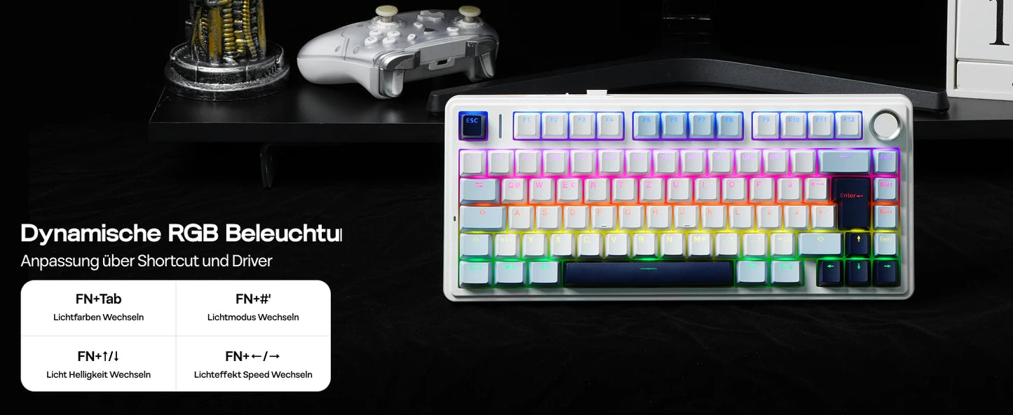 Teclado mecânico sem fios EPOMAKER x AULA F75 ISO-DE com conectividade tri-modo, layout alemão QWERTZ e bateria de 4000 mAh