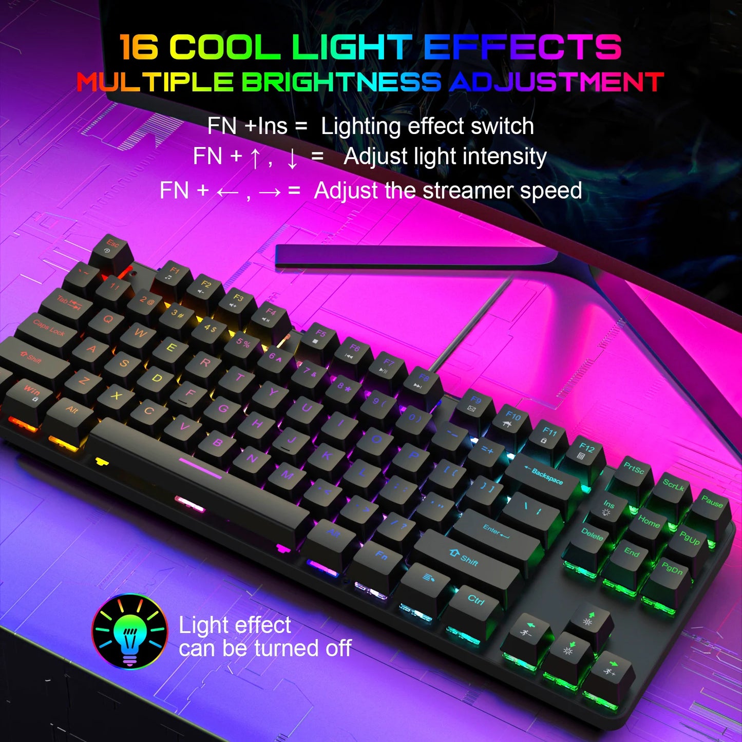 Computer Keyboard Waterproof Portable Gaming Keyboard Backlit Ergonomics Colorful Keyboard Computer Accessories 87 Keys USB