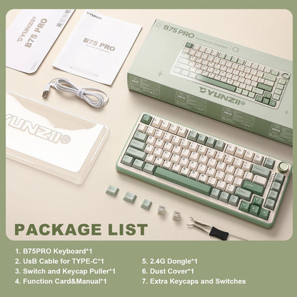 YUNZII B75 PRO Green Mechanical Gaming Keyboard, Gasket 75 Knob RGB Keyboard, BT/Wired/Wireless Hot-Swap Custom Creamy Keyboard