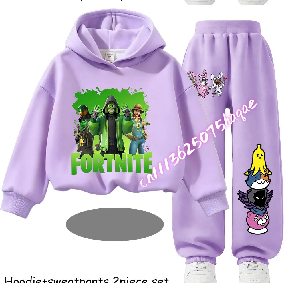 Sweats com Capuz Infantis Estampadas Fortnite, Conjunto Cartoon Confortável de 2 Peças, Tops Largos de Manga Comprida com Calças, Roupa de Outono/Inverno, Presente