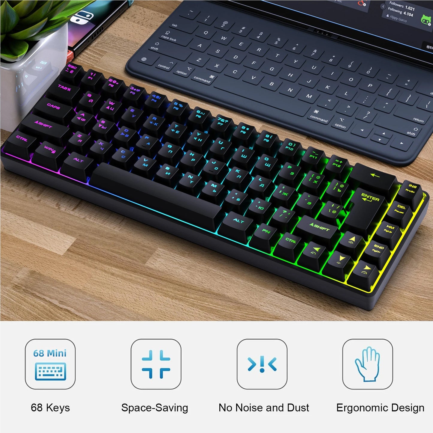 Teclado Mecânico Gaming Russo-Inglês de 68 Teclas, Teclado Bilingue com Retroiluminação RGB para Gaming